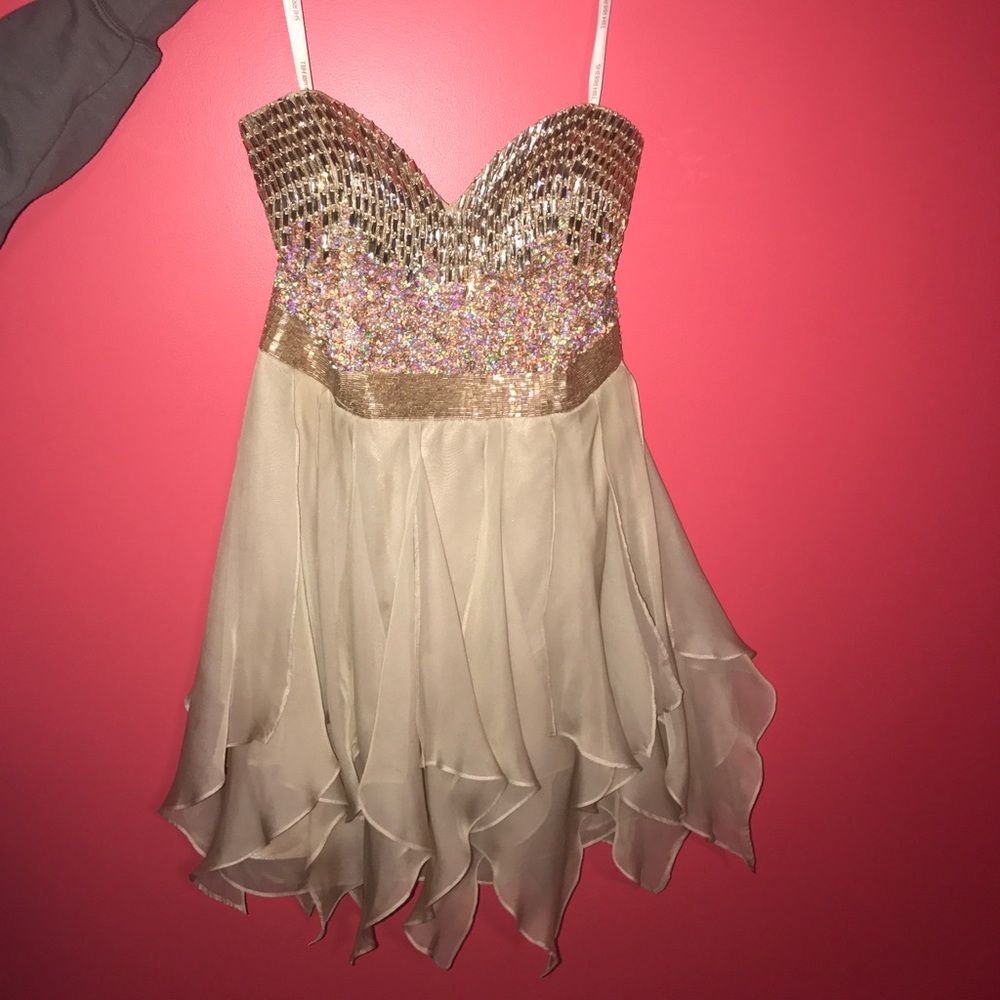 Sherri Hill Tan/ Beige Banquet Dress with beading